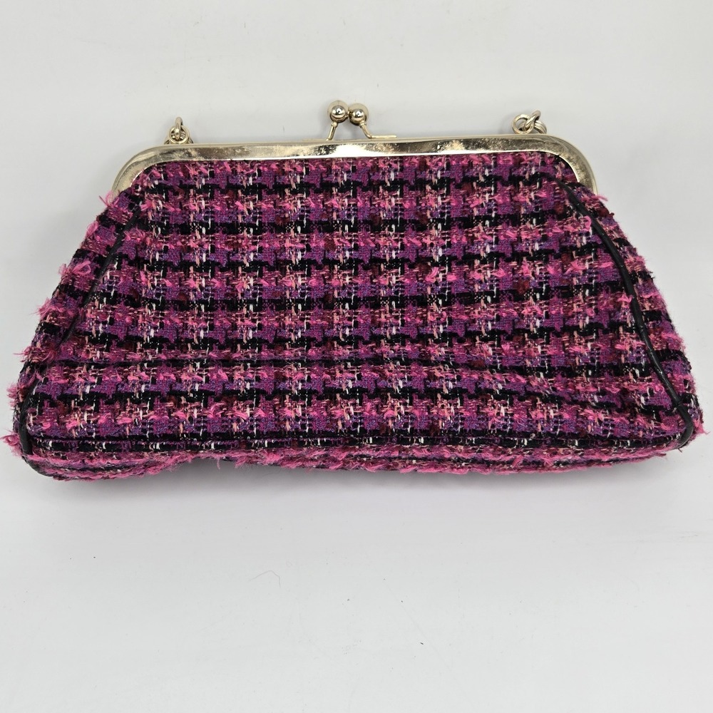 Y2k Pink Plaid Tweed Kisslock Handbag Liz Clairborne Rhinestones Gold Hardware - Picture 4 of 6